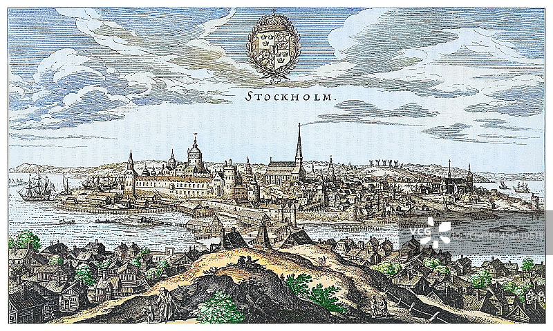 17世纪瑞典首都斯德哥尔摩全景古老版画图片素材