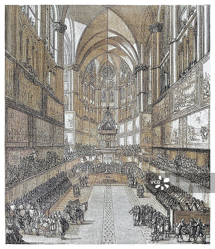老式雕刻插图：法国兰斯大教堂路易十四国王的加冕礼图片素材