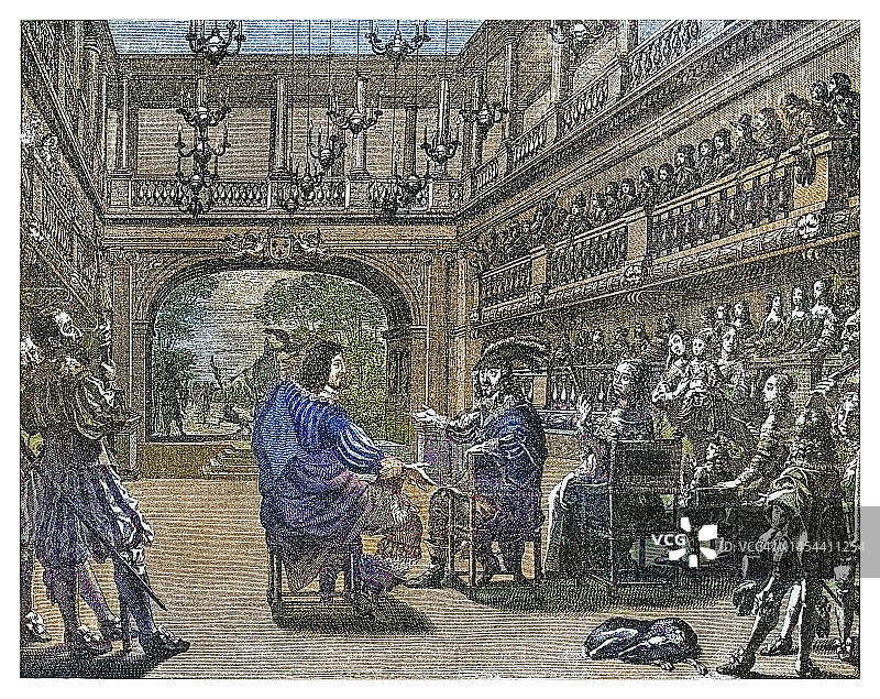 路易十三和他的朝廷，晚间会面的老式雕刻插图图片素材