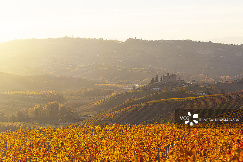 秋日日出时，温暖的光线笼罩着意大利皮埃蒙特区库内奥省的葡萄园和古老的城堡图片素材