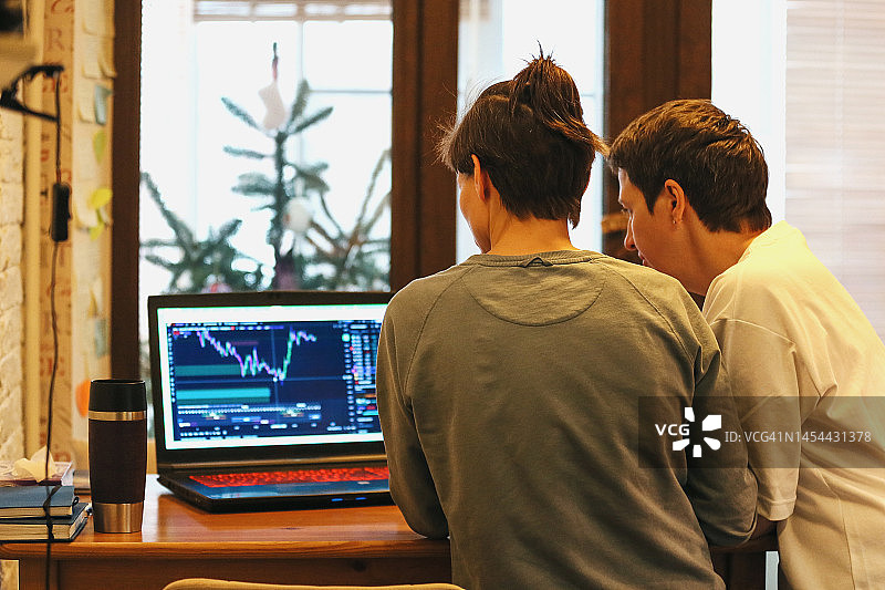 成年女性伴侣在厨房看电脑屏幕上的投资图表的后视图图片素材