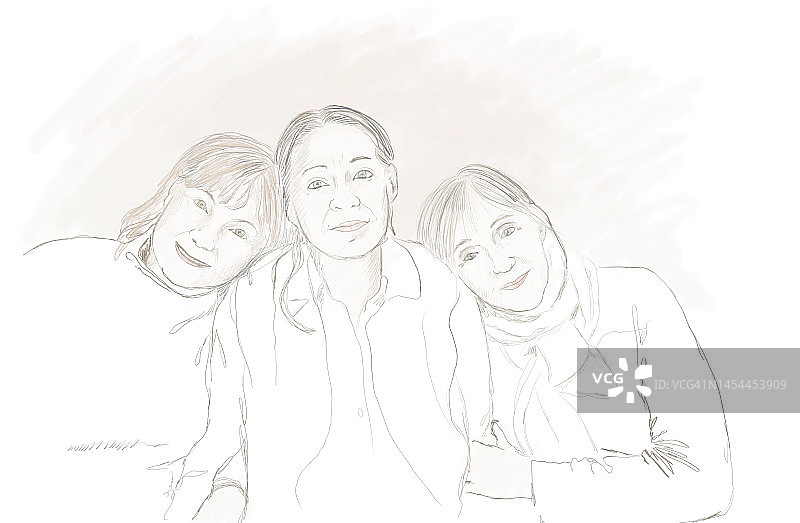 手绘水彩插画：拥抱的三姐妹图片素材
