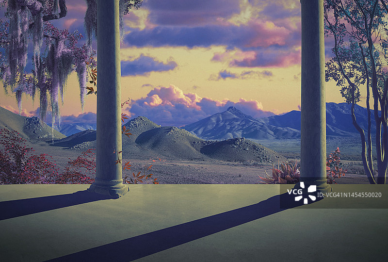 带柱子和美丽景观的庭院图片素材