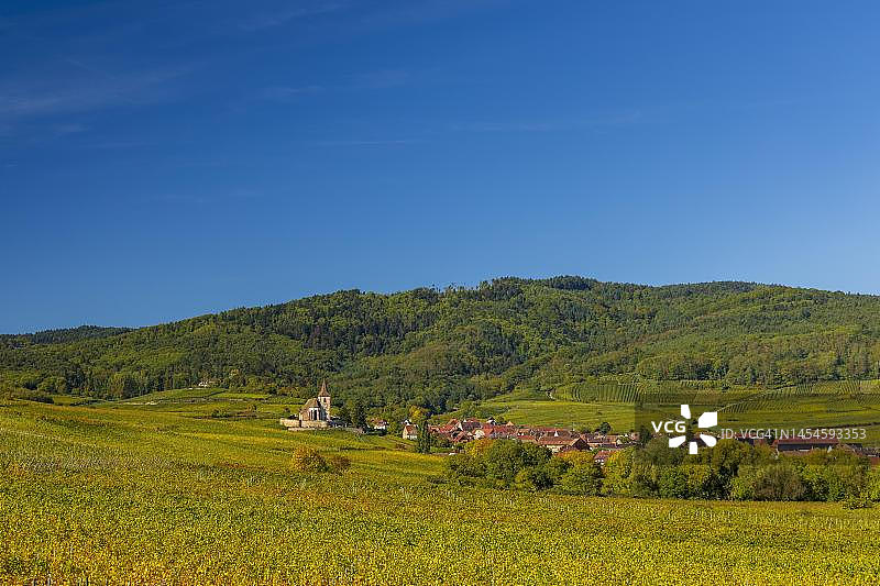 法国阿尔萨斯葡萄园秋景，圣雅克教堂图片素材