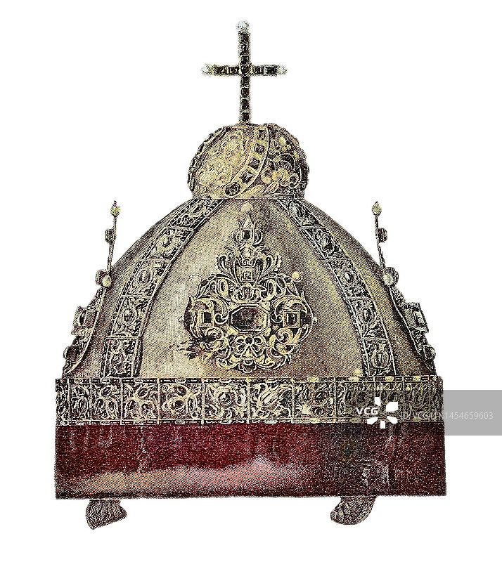 沙皇伊凡五世的锦缎皇冠（西伯利亚帽）古版画插图图片素材