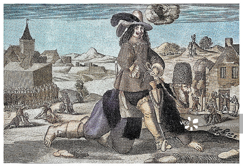 三十年战争期间农民苦难传单插图的旧雕刻摹本图片素材