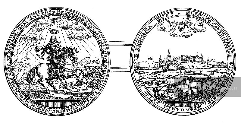 纪念币：萨克森-魏玛的伯恩哈德征服莱茵河畔布赖萨赫帝国要塞图片素材