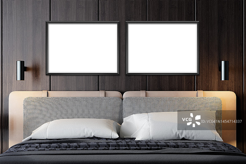带空白画框的黑色豪华现代复古风格主卧室图片素材