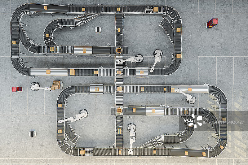 智能仓库中传送带上工作的机械臂俯视图图片素材