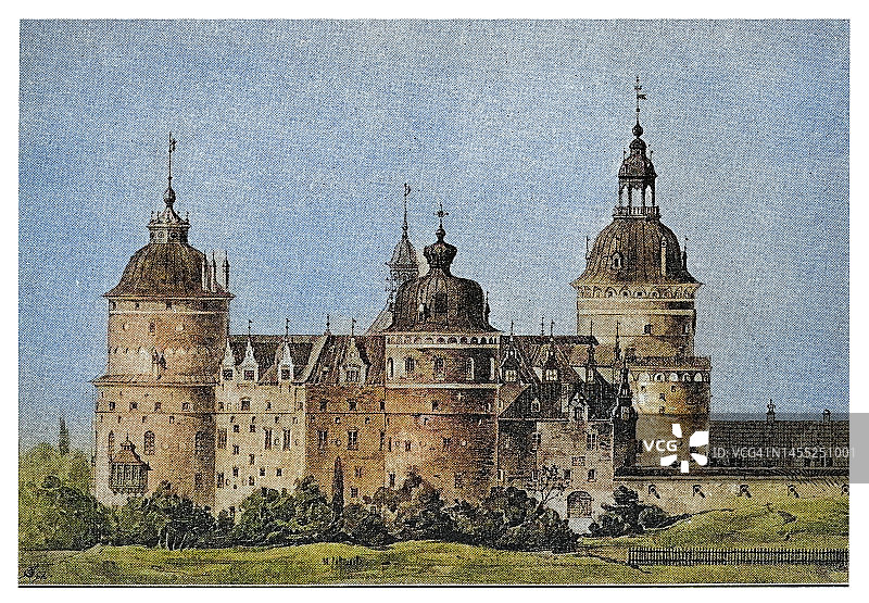 位于瑞典南曼兰省马里弗雷德的格里普斯霍尔姆城堡的古老雕刻插图 - 自古斯塔夫·瓦萨以来，格里普斯霍尔姆一直属于瑞典王室，直到18世纪才被用作他们的住所之一图片素材