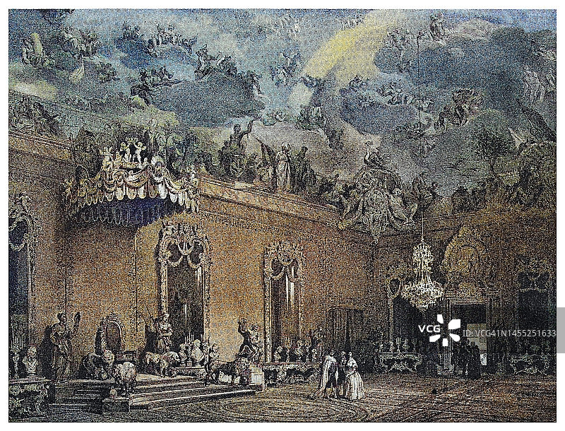 西班牙马德里王宫大使厅或宝座厅古版画图片素材