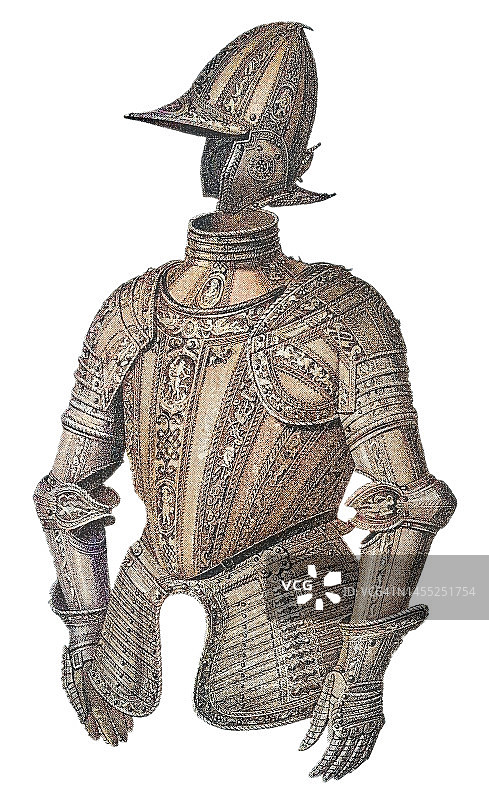 16世纪末法国重骑兵或半枪骑兵常穿的半身盔甲雕刻插图图片素材