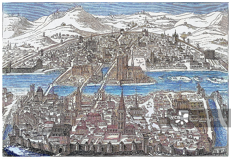 古老的雕刻画：亨利四世时期的巴黎景色（1607年）图片素材