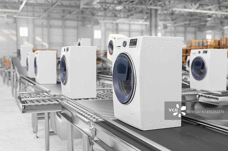 仓库传送带上洗衣机特写图片素材