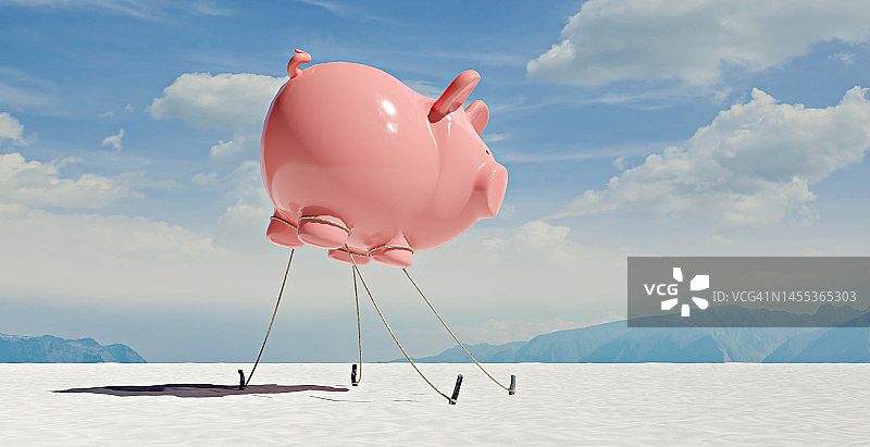 沙漠中拴在地面上的漂浮小猪储蓄罐的三维渲染图片素材