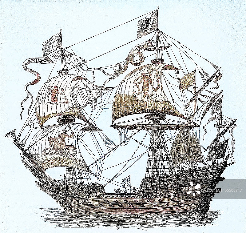 大型多层帆船古老雕刻插图，16至18世纪欧洲国家首次用作武装货船图片素材