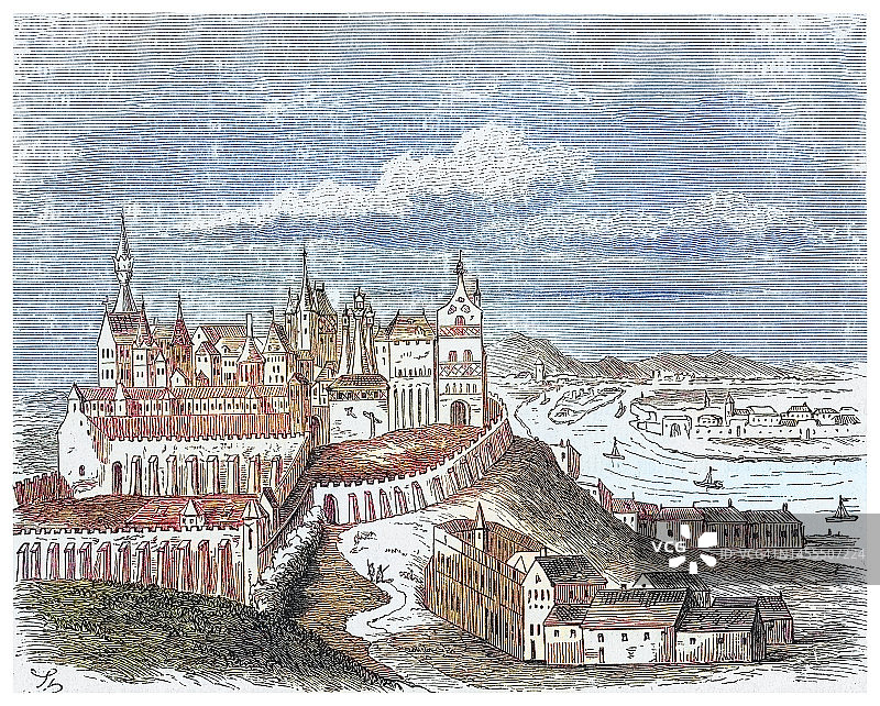 匈牙利布达佩斯布达城堡（中世纪皇家宫殿）的老式雕刻插图图片素材