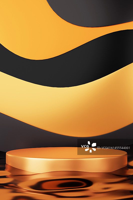 分层黄色和黑色背景上的金色产品展示台，3D竖版美妆图案图片素材