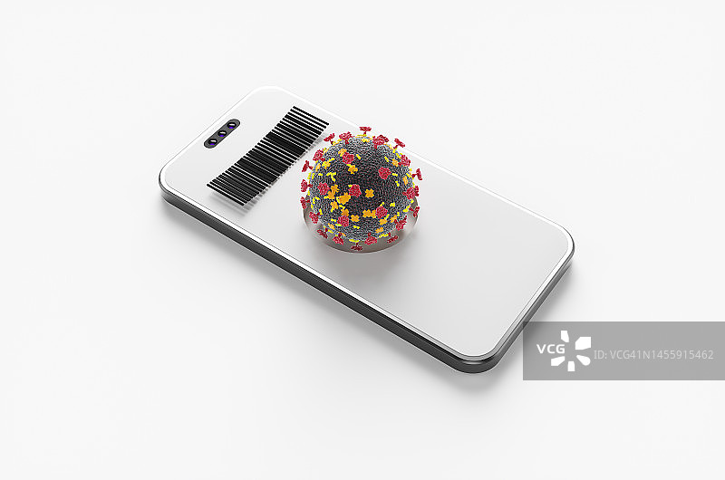 智能手机屏幕条形码上方的冠状病毒图片素材