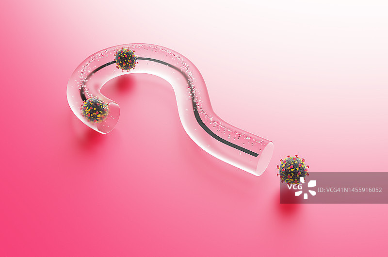 红色背景上的新型冠状病毒COVID-19问号。图片素材