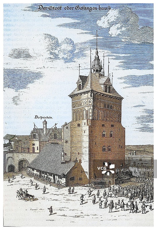 监狱塔的古老雕刻插图（1687年）-作为格但斯克主镇中世纪防御工事的一部分-鞭刑图片素材
