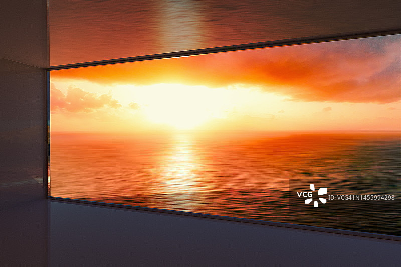 透过大窗户看壮丽的金色日落海景图片素材
