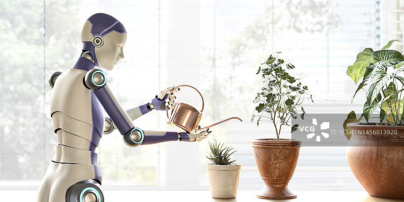 家用机器人正在家中浇水图片素材