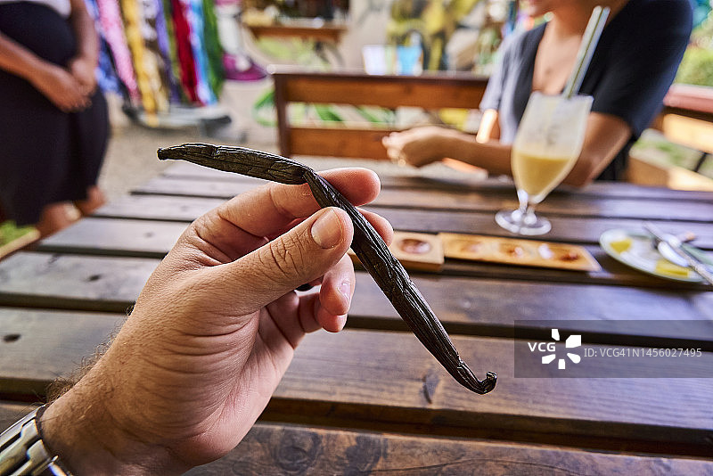 在户外咖啡馆手持新鲜的香草豆荚图片素材