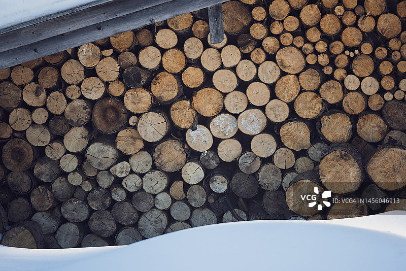 小木屋前的堆叠的木柴图片素材