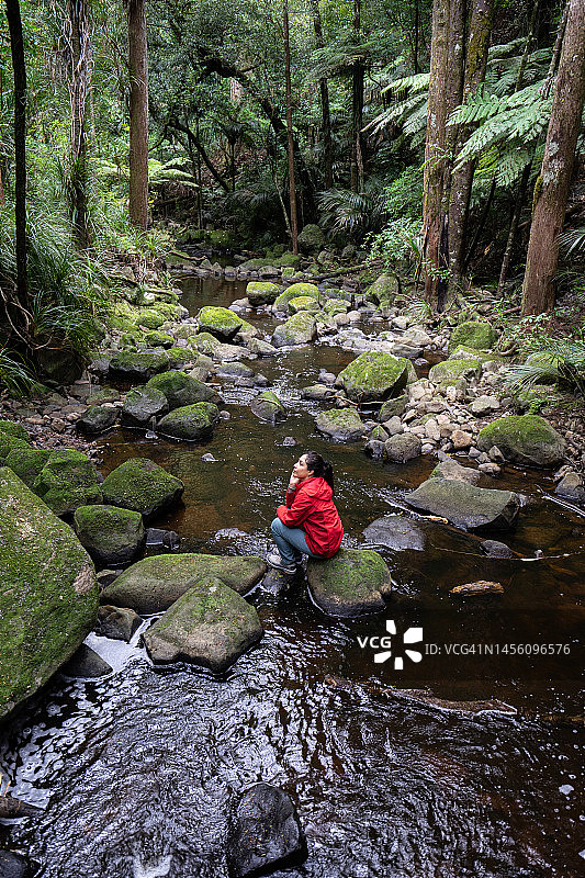 森林里身穿红色夹克的年轻女人图片素材