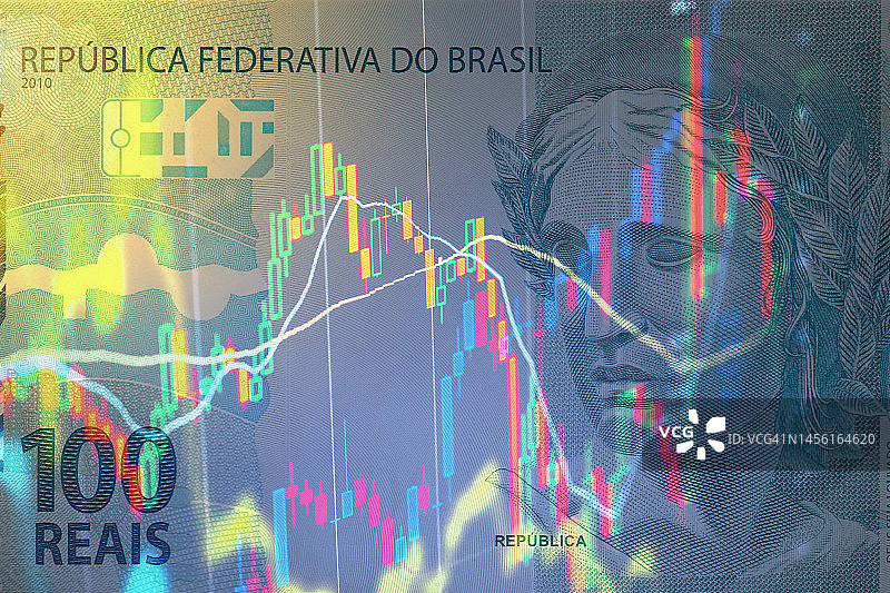 股票图表背景下的巴西雷亚尔纸币经济危机图片素材
