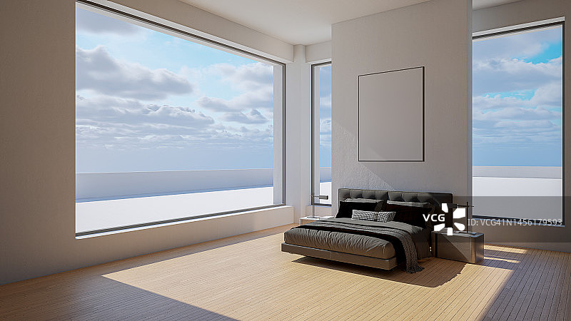 带装饰的室内模型插图，3D渲染，带空白板的白墙图片素材