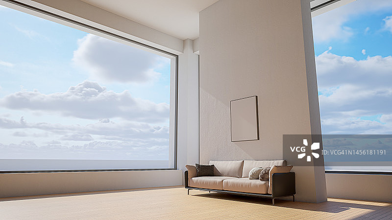 带装饰的室内模型插图，3D渲染，带空白板的白墙图片素材