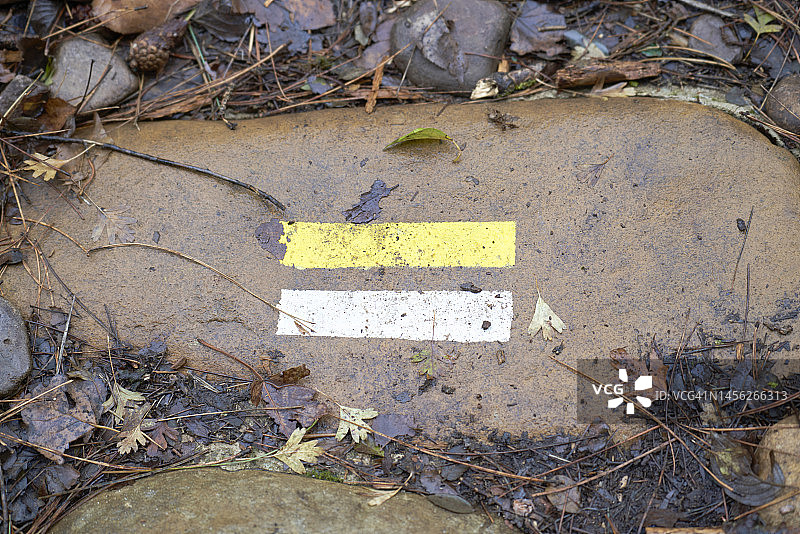 森林岩石上指示方向的标志，高角度拍摄，白色和黄色，无人图片素材