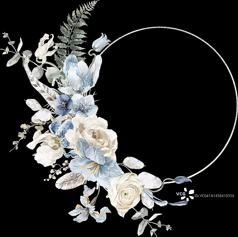 蓝色水彩花卉边框图片素材