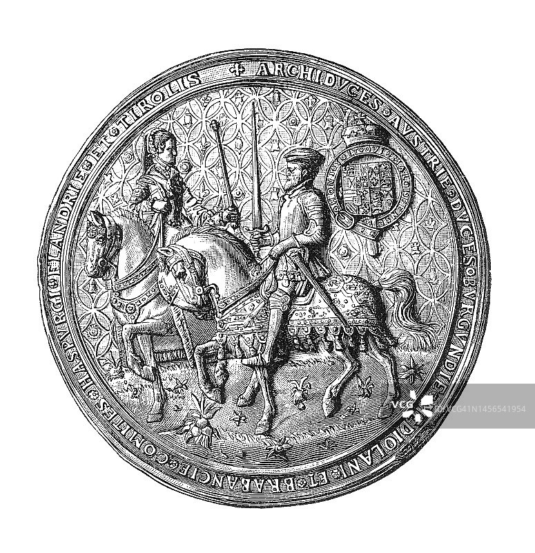 西班牙国王费利佩二世与英格兰女王玛丽一世（血腥玛丽）的奖章印章图片素材