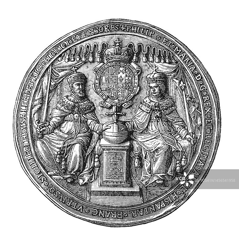 西班牙国王费利佩二世与英格兰女王玛丽一世（血腥玛丽）的奖章印章图片素材