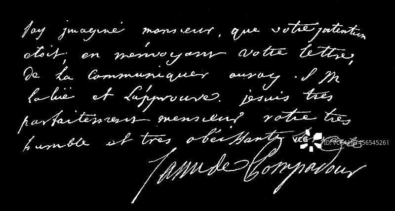 蓬帕杜夫人手写笔记的复古雕刻插图图片素材