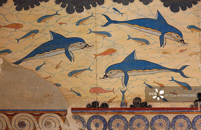 克里特岛克诺索斯米诺斯宫殿，王后寝宫中的海豚壁画图片素材