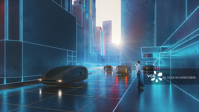 未来主义街道，车辆与使用智能手机的女人图片素材
