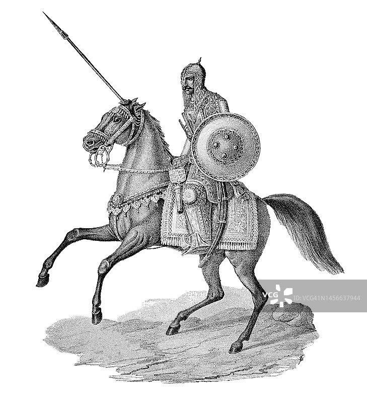 莫卧儿骑士（骑手）古董雕刻插图图片素材