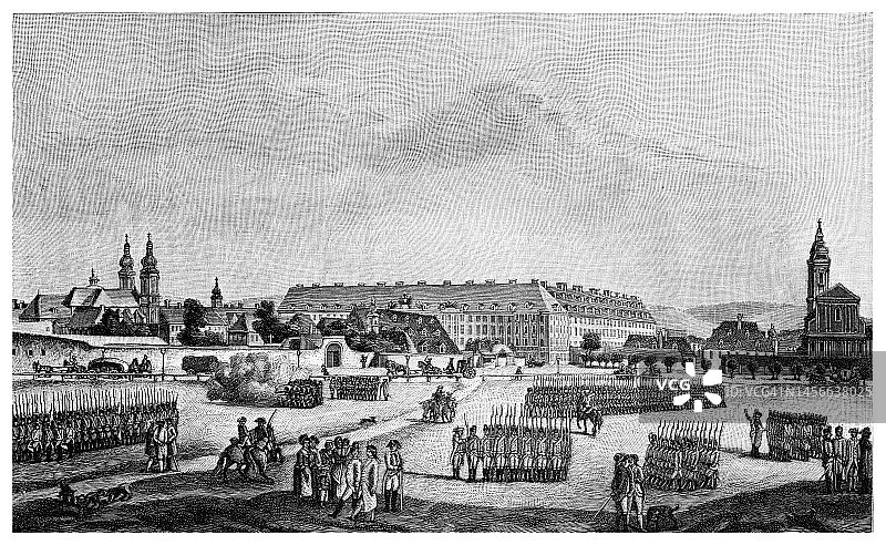 1782年的维也纳：奥地利首都的古老雕刻插图图片素材