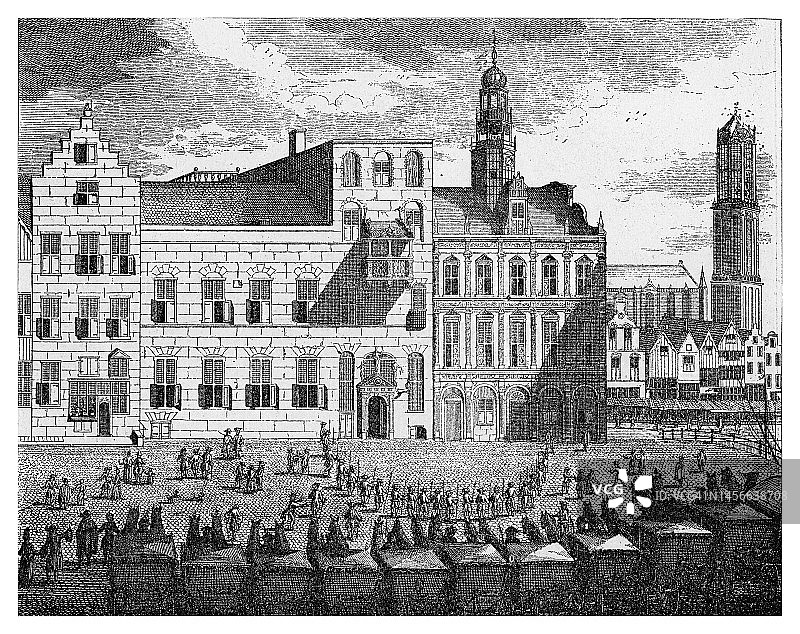 乌特勒支市政厅（荷兰）古老雕刻插图，1712年在此举行和平会议图片素材