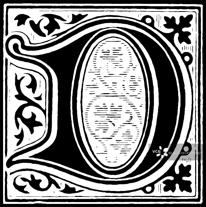字母D装饰图案的复古雕刻插图图片素材