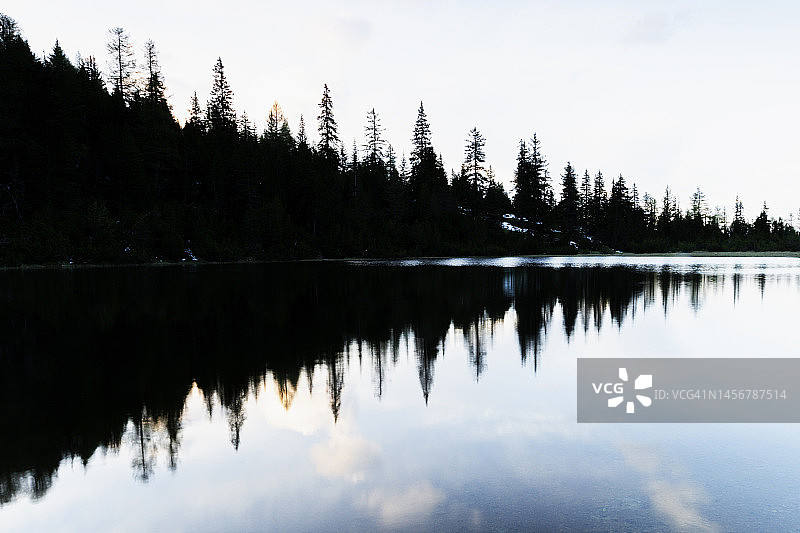 意大利阿尔卑斯湖中倒映的树木剪影图片素材