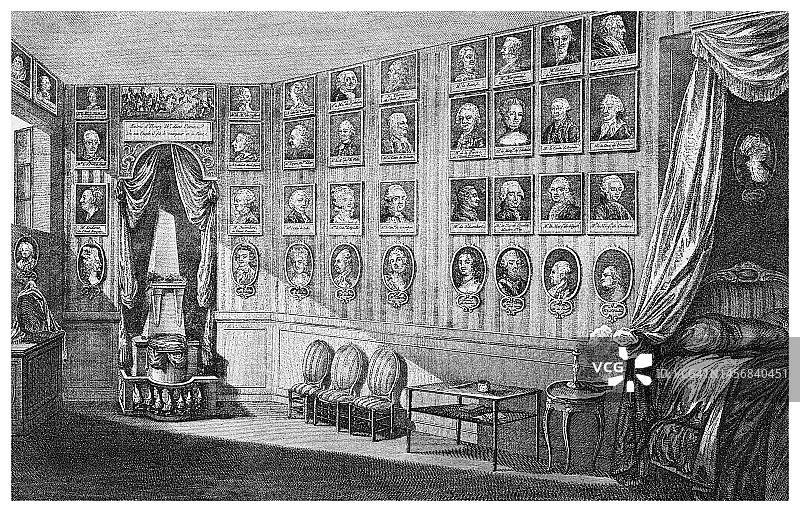 法国 Ferney 伏尔泰最喜欢的房间的古老雕刻插图图片素材