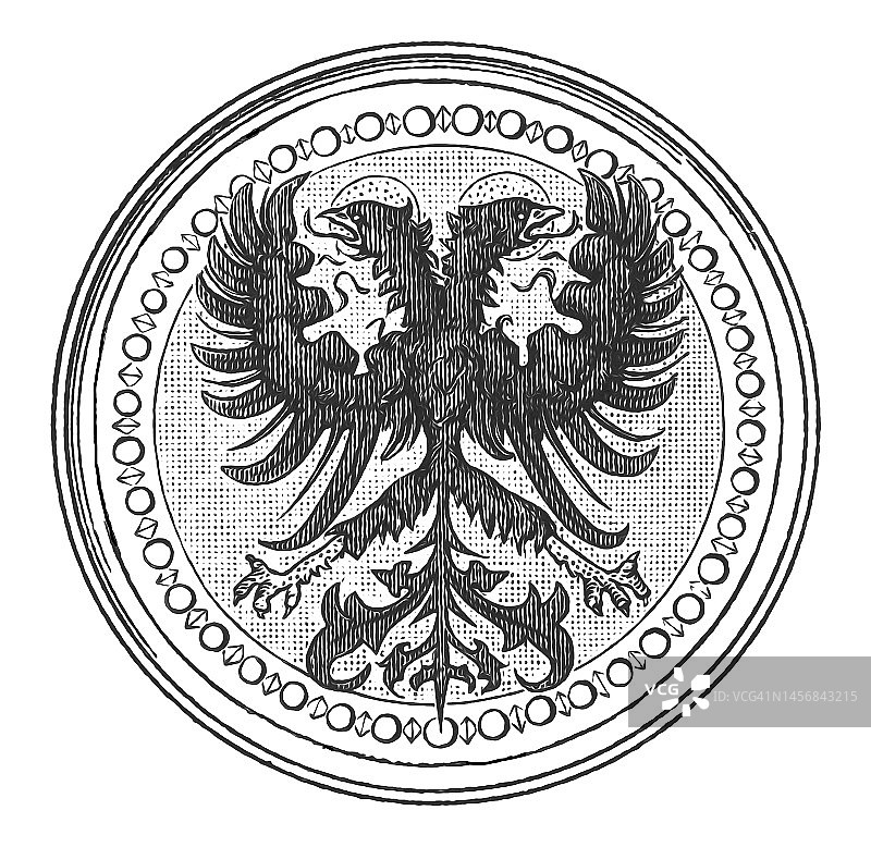 带有双头鹰的装饰性盾徽的古老雕刻插图图片素材