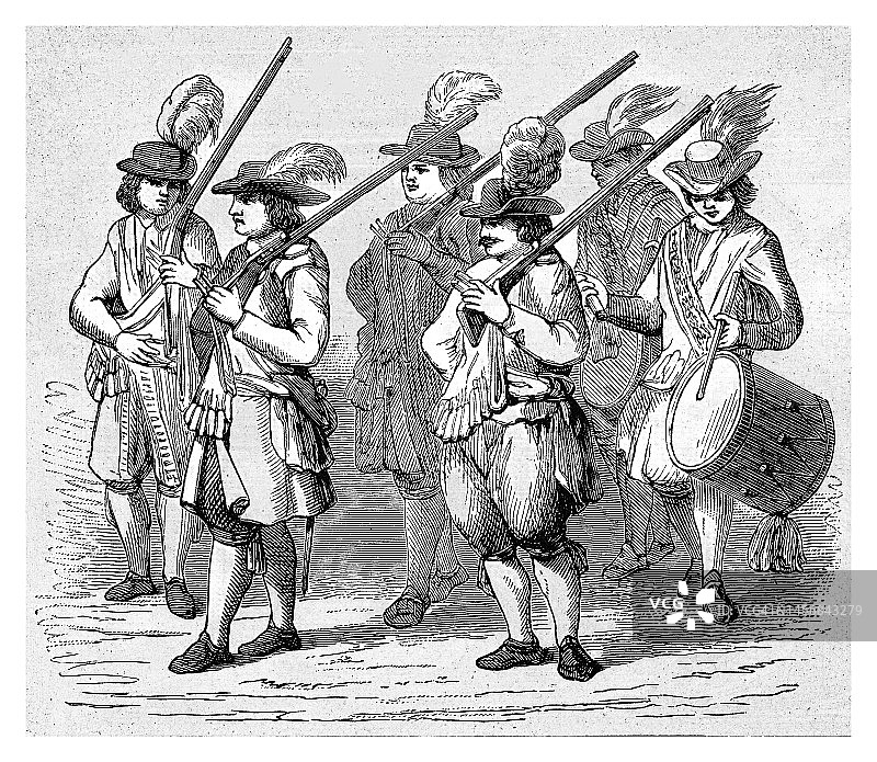威廉三世时期荷兰卫队古董刻版画图片素材