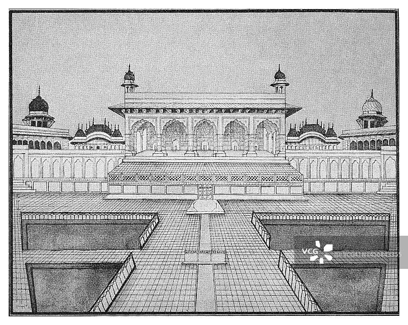 阿格拉堡古版画，莫卧儿王朝的前皇室住所，奥朗则布曾将其父沙贾汗软禁于此（印度阿格拉）图片素材