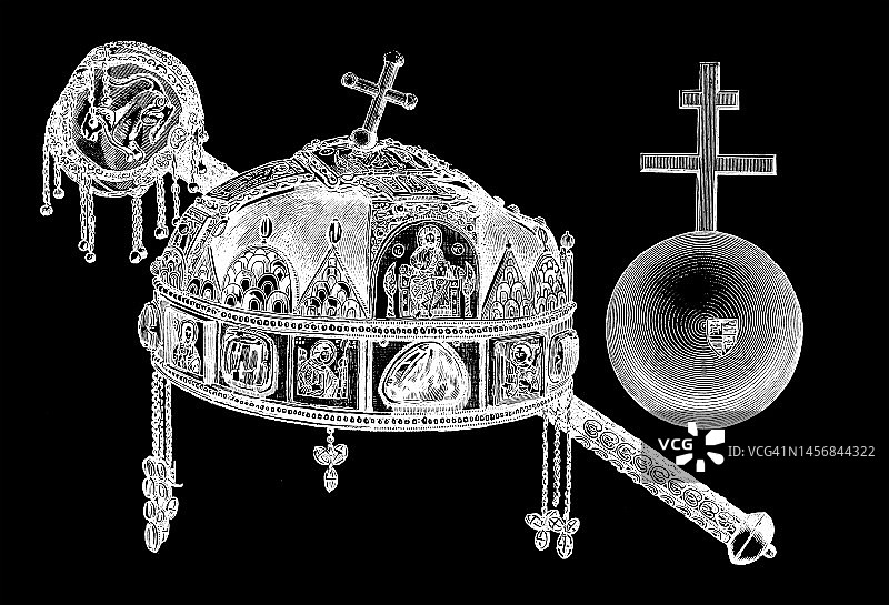 圣斯蒂芬王冠（匈牙利神圣王冠）古老雕刻插图图片素材